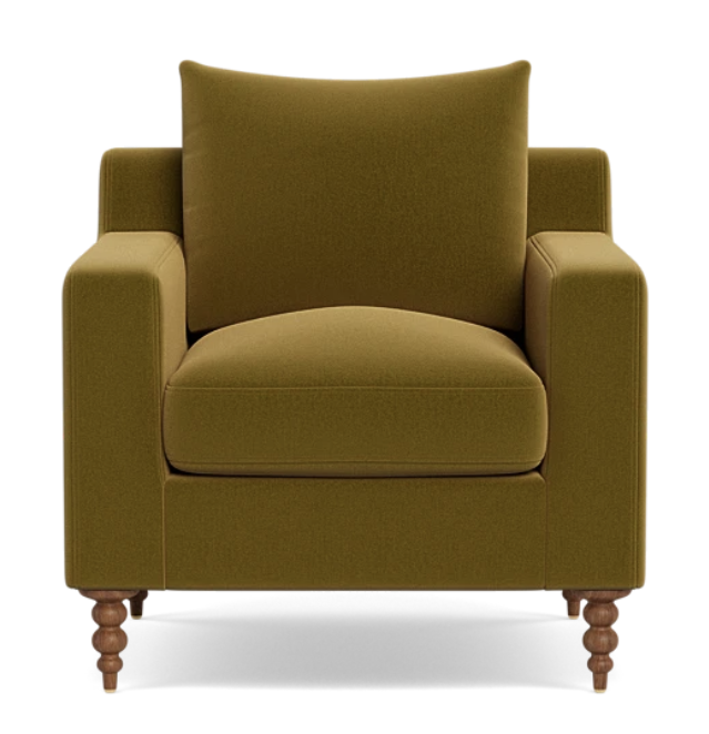 Olive green armchair with wooden legs