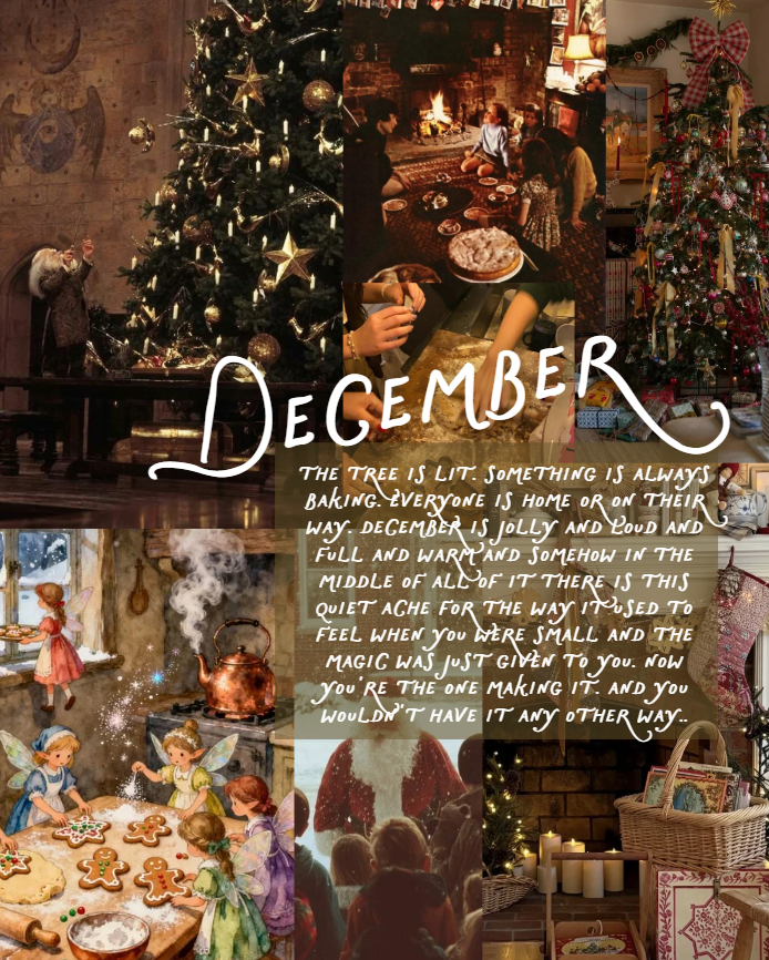 december new england moodboard christmas tree lit baking everyone home holiday magic