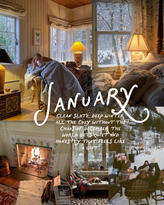 january new england moodboard clean slate deep winter cozy fireplace snow quiet