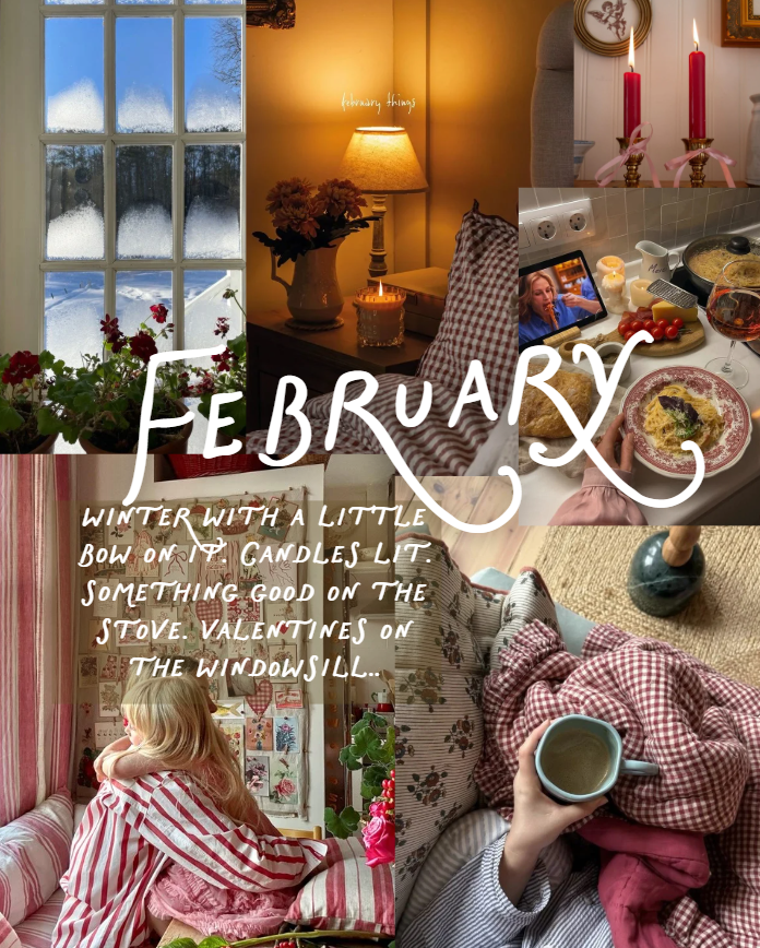 february new england moodboard winter valentines candles red gingham cozy stove