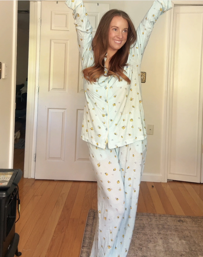 Nick and Nora lemon print matching pajama set long sleeve lightweight blue summer cozy pajamas best matching pj set