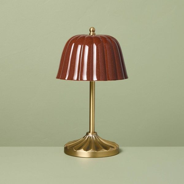 Hearth and Hand ceramic shade table lamp in brass and burgundy
