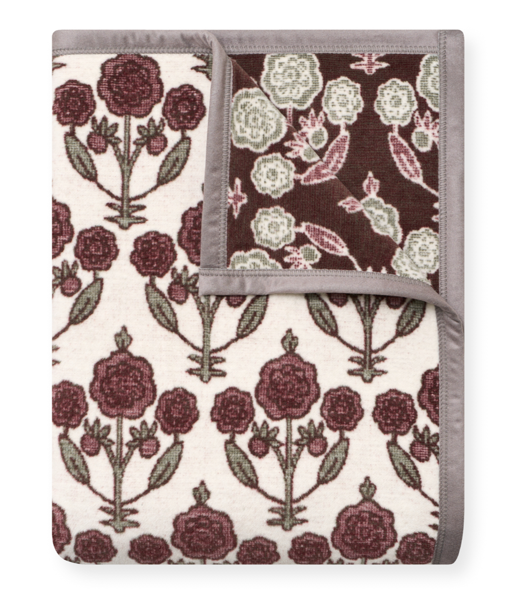 ChappyWrap Ruthie Blockprint reversible throw blanket in a burgundy and cream floral print, a cozy New England gift