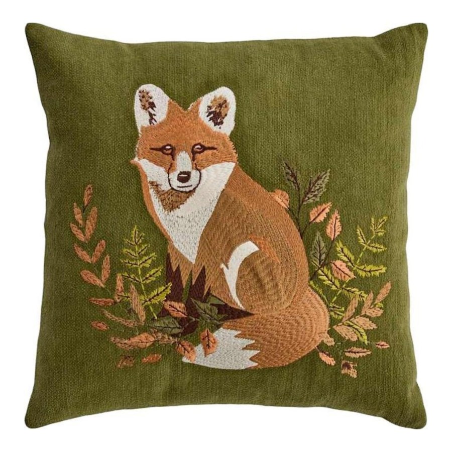 At Home embroidered fox velvet throw pillow for a cozy fall corner