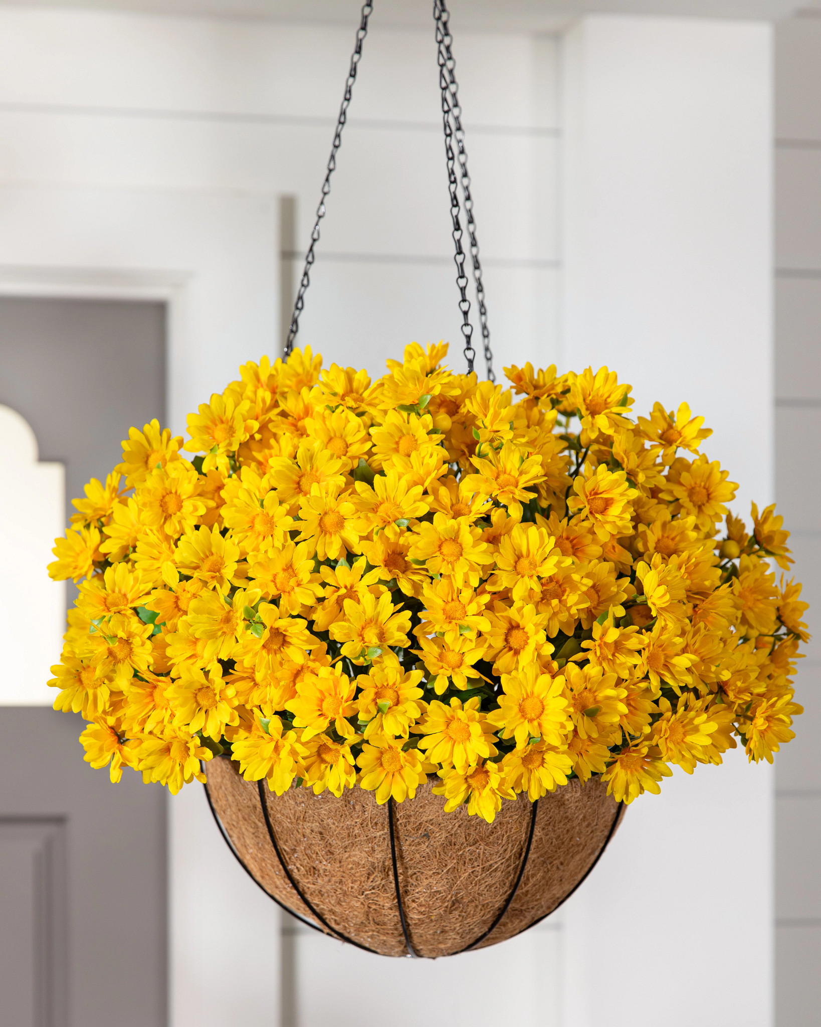 Balsam Hill Sunset Mums, realistic faux fall mums in a gold hanging basket for a front porch