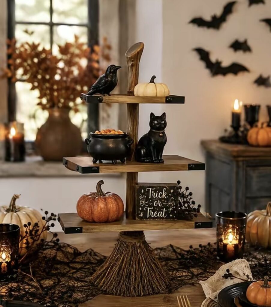 Witch broom tiered tray Halloween decor with a black cat, cauldron, crow and pumpkins