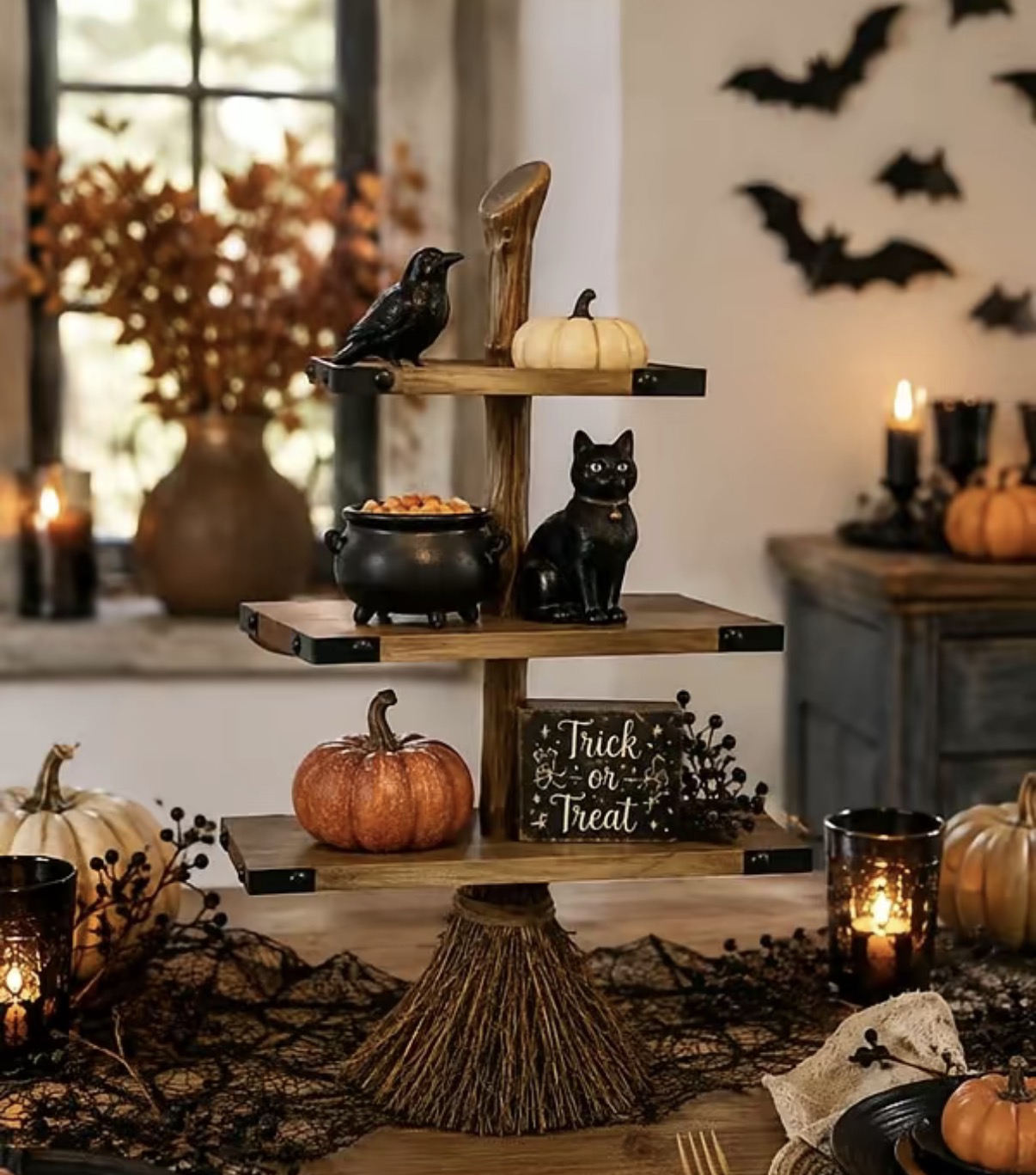 Witch broom tiered tray Halloween decor with a black cat, cauldron, crow and pumpkins