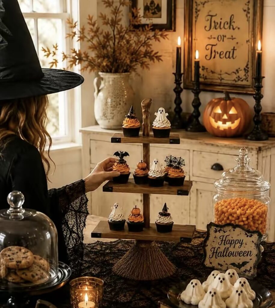 Halloween party dessert table with a witch broom tiered tray of cupcakes