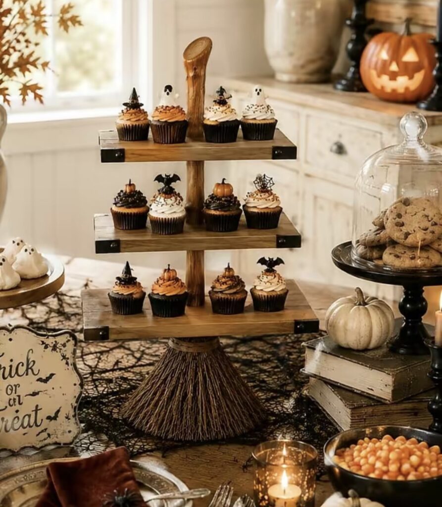 Witch broom tiered tray holding three tiers of Halloween cupcakes