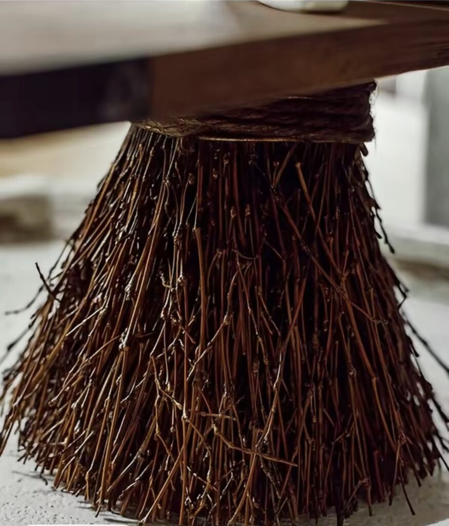 Witch broom tiered tray real twig broom base up close