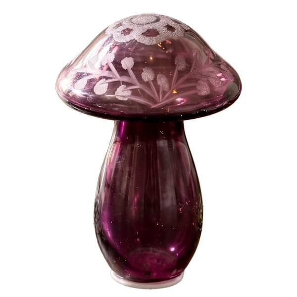 Plum iridescent etched glass mushroom, a whimsical fall shelf decor find