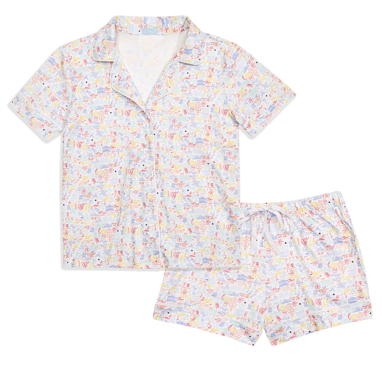 Joy Street Rhode Island women's pajama set with a hand drawn print of Rhode Island landmarks, a gift for someone who misses New England
