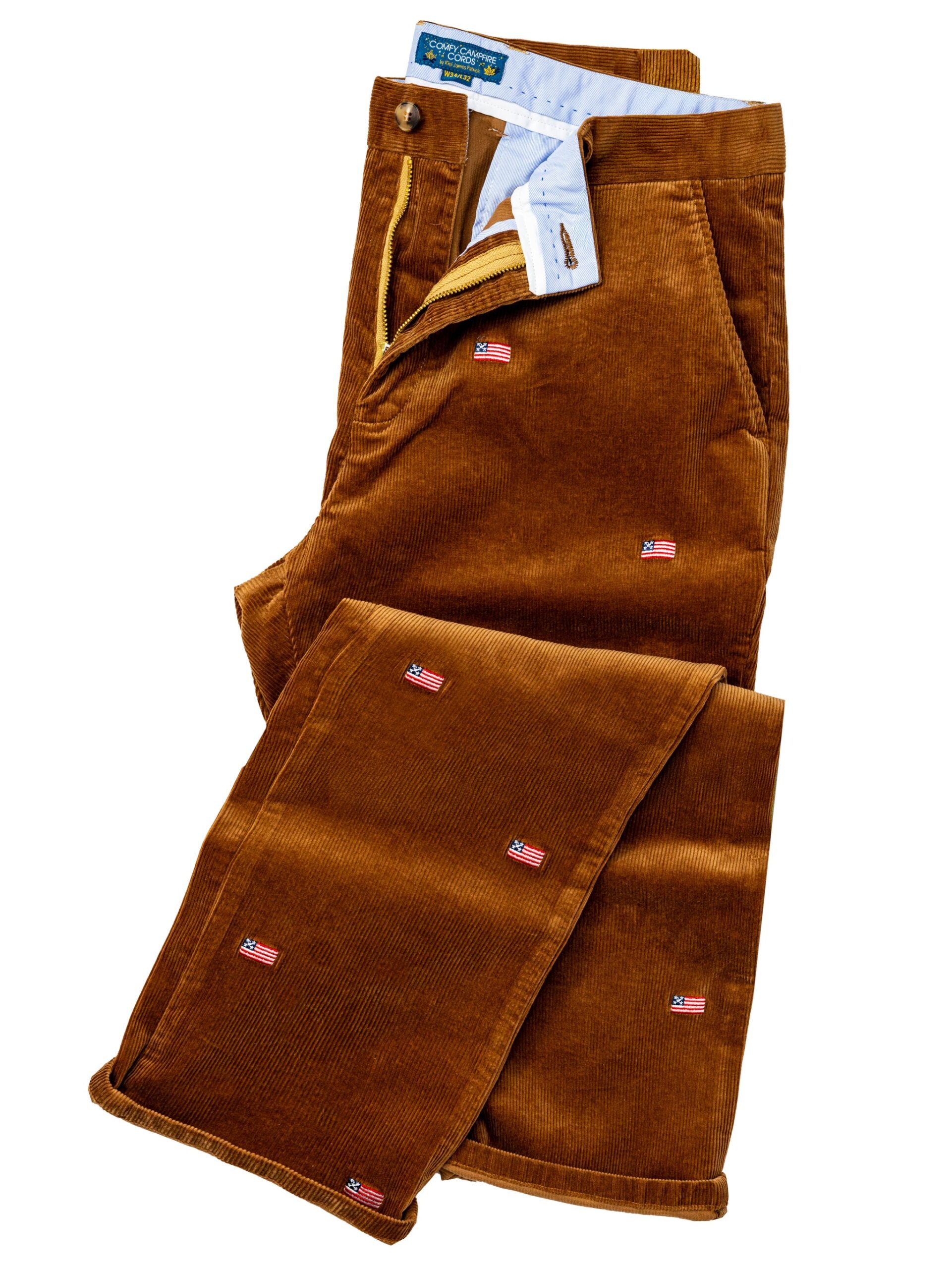 Kiel James Patrick men's corduroy pants with embroidered American flags, a gift for him from a Rhode Island brand
