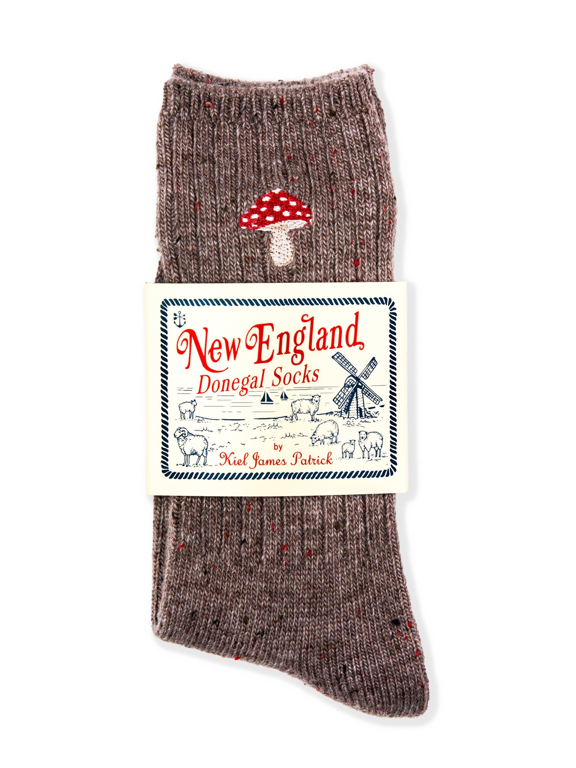 Kiel James Patrick donegal socks with an embroidered mushroom, a New England stocking stuffer