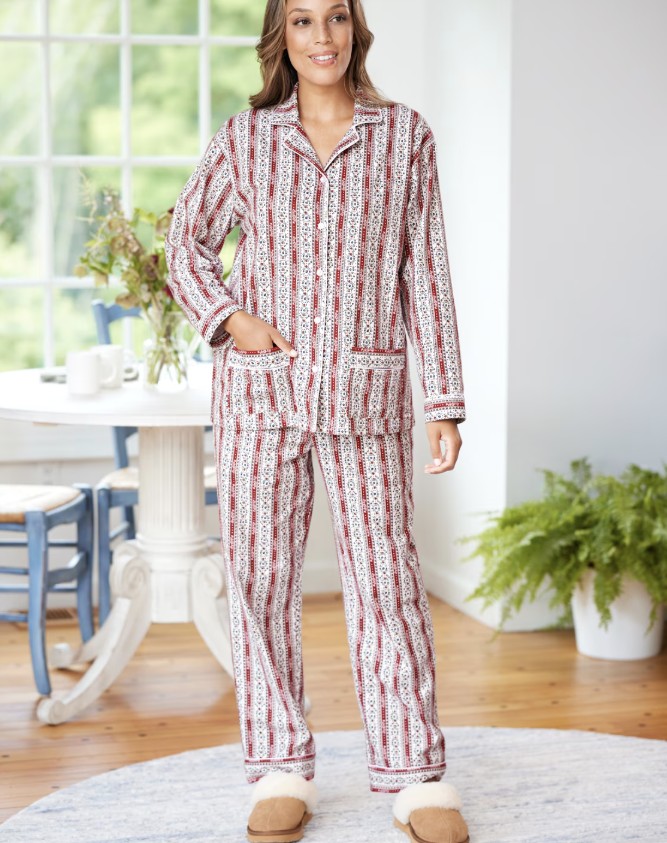 Lanz Tyrolean red and cream flannel pajama set from the Vermont Country Store, a cozy New England gift for her
