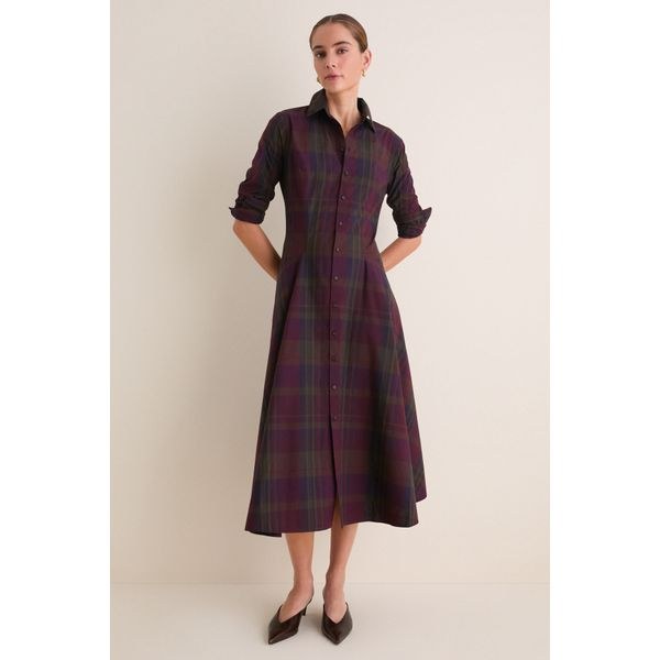 Merlot and green plaid collared midi dress for September