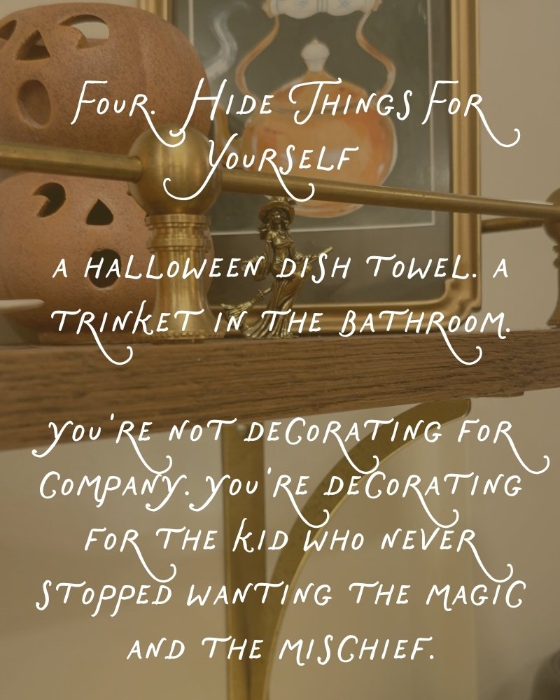 Carved ceramic jack o lanterns and a tiny brass witch on a gold shelf, hide Halloween trinkets for yourself
