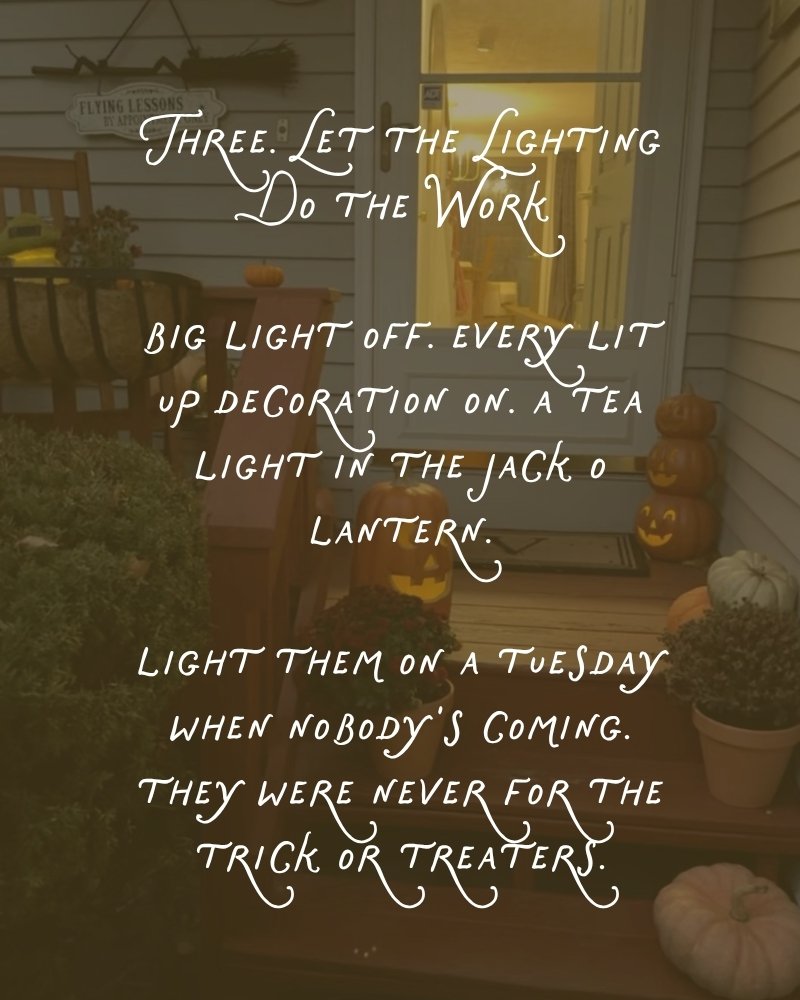 Front porch at night with glowing jack o lanterns and lit windows, let the lighting do the work for Halloween