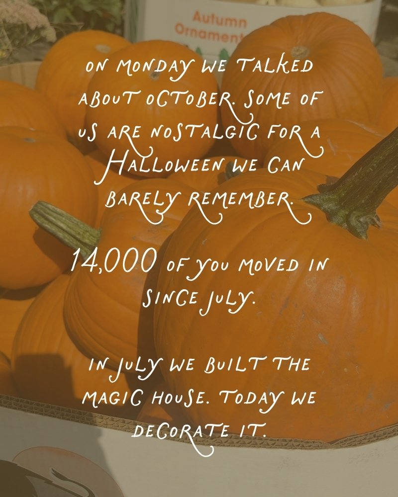 A crate of orange pumpkins in October, from the Home with Em nostalgic Halloween post