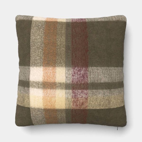 Oversized sage green plaid faux mohair throw pillow for fall