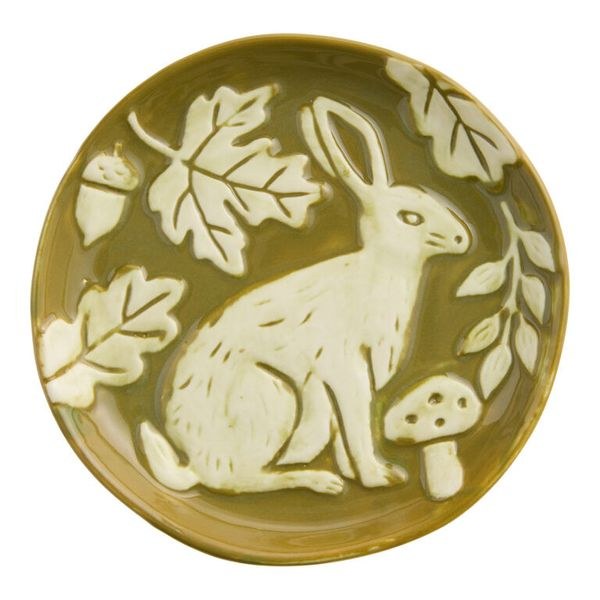 World Market ivory and green woodland embossed appetizer plate with a hare