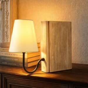 AELS Wooden Bookshelf Lamp with Bulb, Cordless Rechargeable Touch Dimm