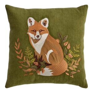 Embroidered Fox Velvet Throw Pillow, 18"