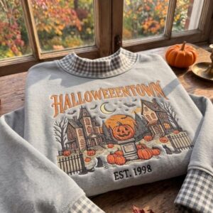HalloweenTown Embroidered Gingham Mock neck Sweatshirt, Spooky Village