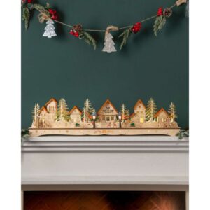 Lit Wooden Christmas Mantel Village, cozy Christmas decor from Home with Em