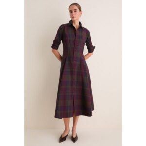 Merlot Green Multi Plaid Collared Long Sleeve Midi Dress