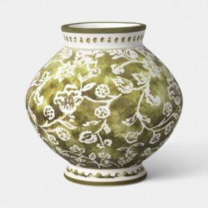 Short Floral Painted Ceramic Vase Green