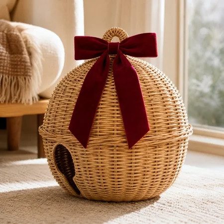 Woven Rattan Bell Ornament with Velvet Bow from Walmart